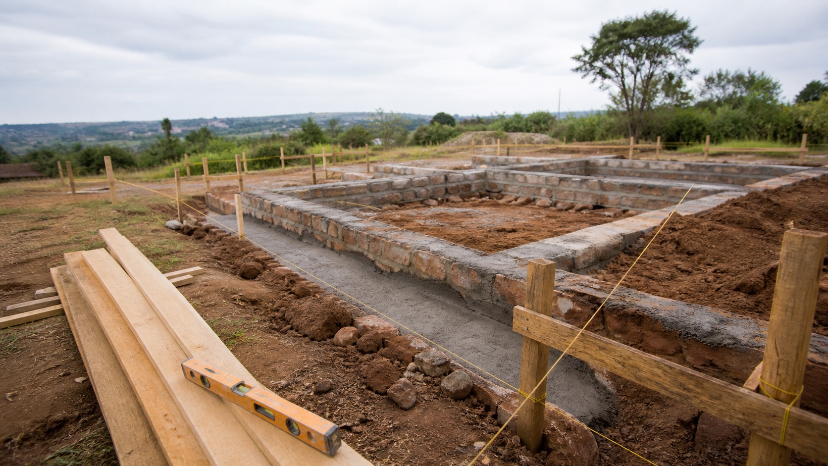 Setting-out lines and low foundation walls at a Kenyan house site