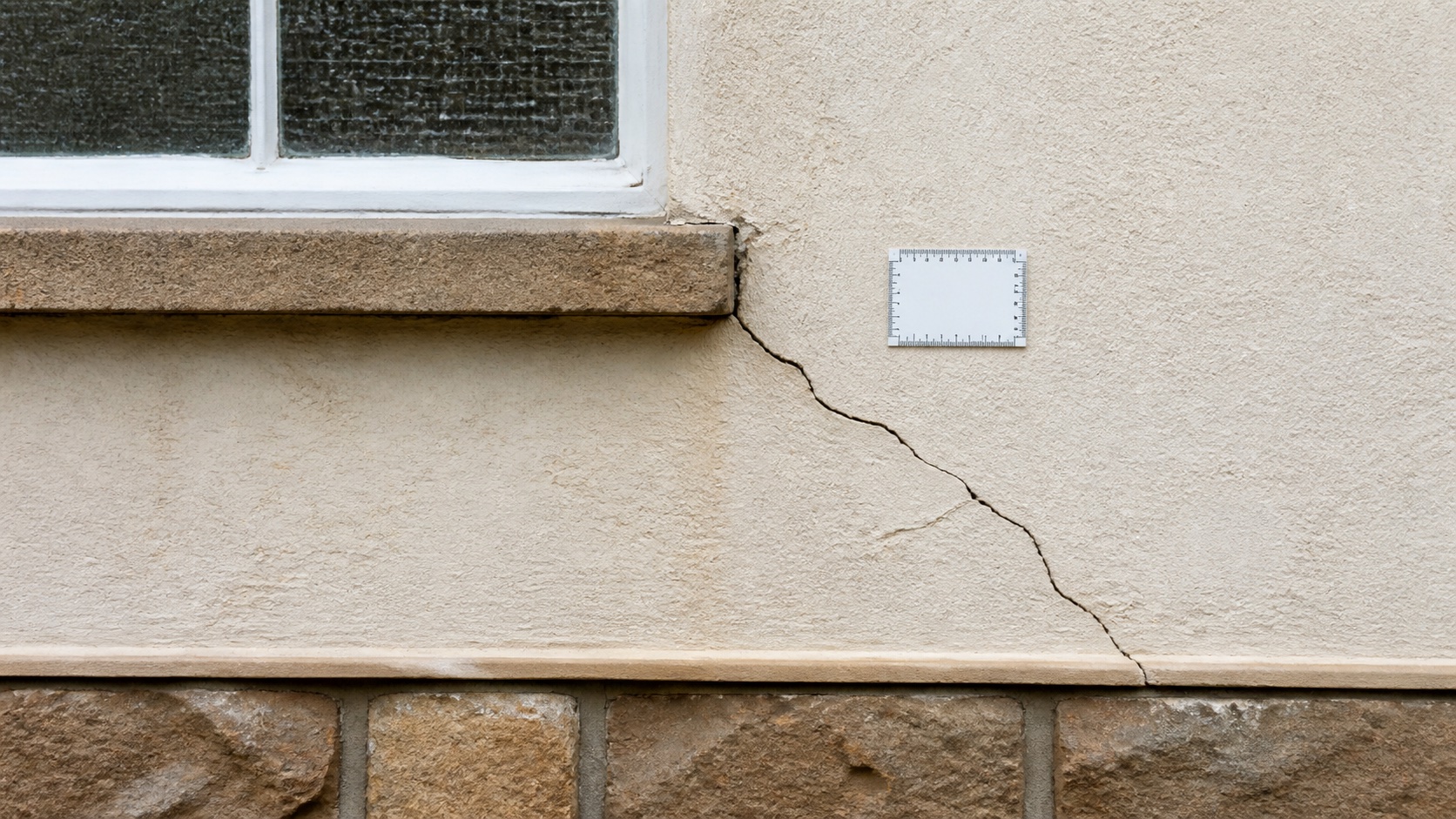 Diagonal wall crack running from the corner of a window beside a crack-monitoring card