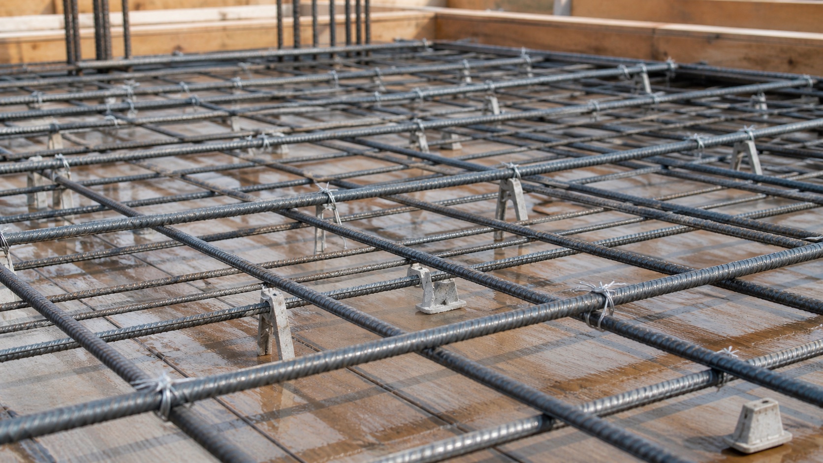 Tied reinforcement grid held above formwork on spacers before a concrete pour