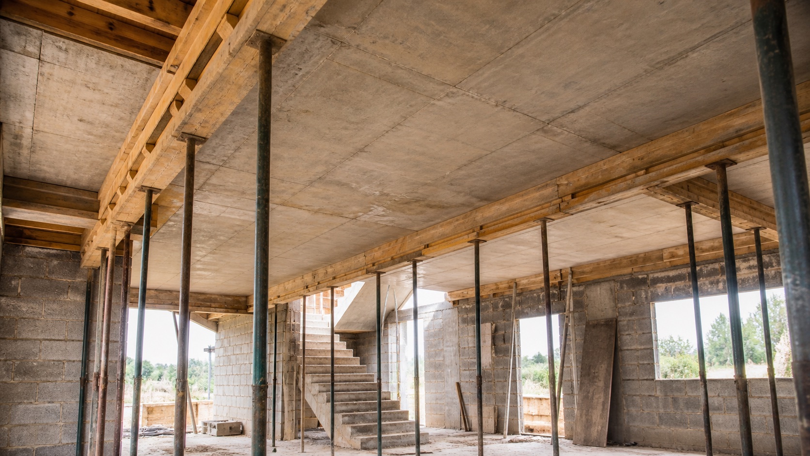 Temporary props supporting shuttering beneath a suspended concrete slab