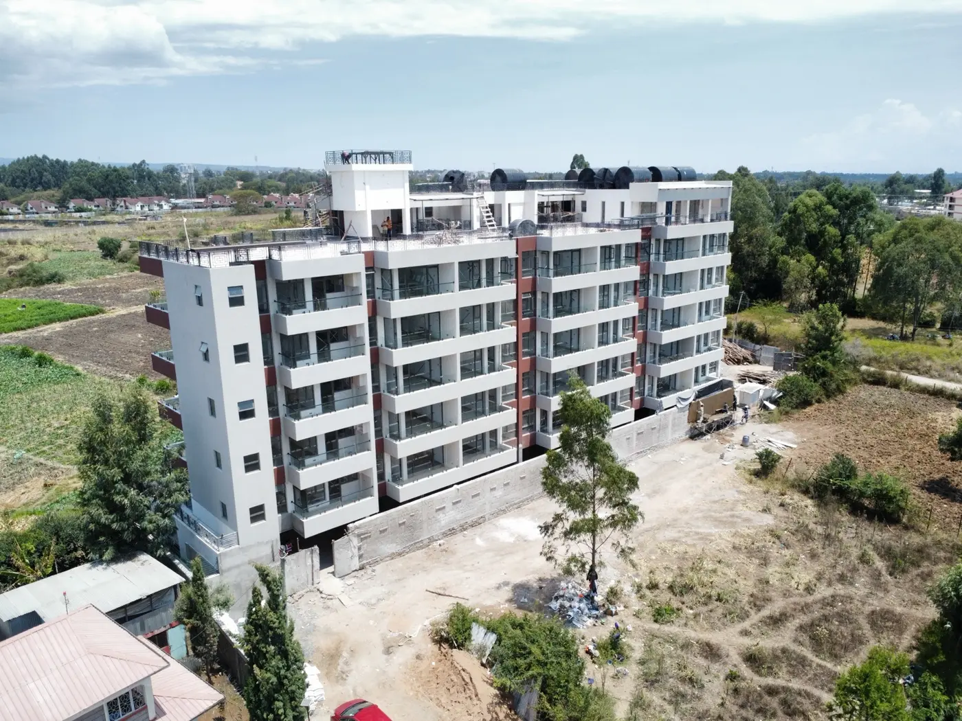 Aerial view of TimberStone's 45-unit multi-storey apartment development in Nanyuki at 80 percent completion in September 2026.